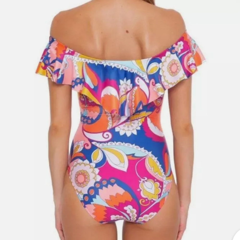 Trina Turk Sevilla Cap Sleeve Off Shoulder Ruffle One Piece Swimsuit - Picture 4 of 9